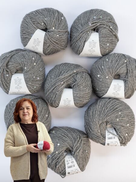 YarnArt Alpaca Gold Pailettes Gri Hırka Kiti