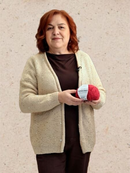 YarnArt Alpaca Gold Pailettes Ekru Hırka Kiti