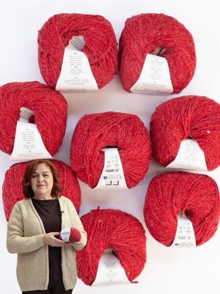 YarnArt Alpaca Gold Pailettes Kırmızı Hırka Kiti