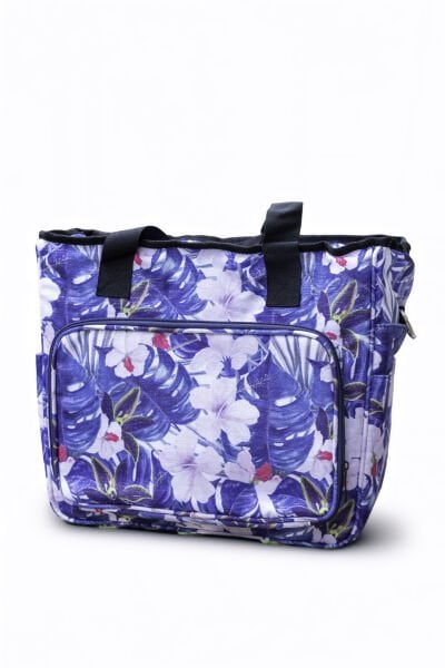 Mavi Çiçek Desenli Örgü Çantası