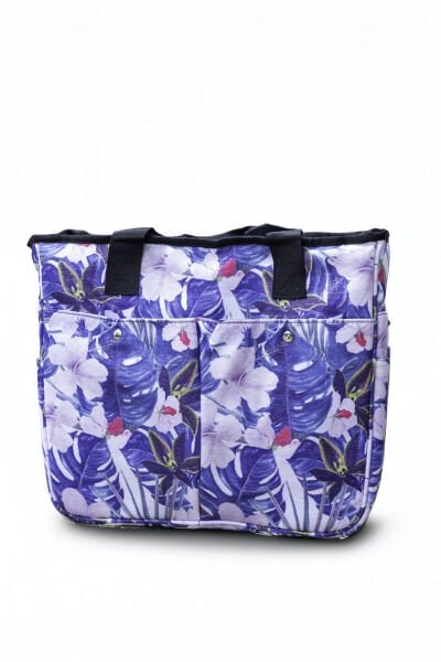 Mavi Çiçek Desenli Örgü Çantası
